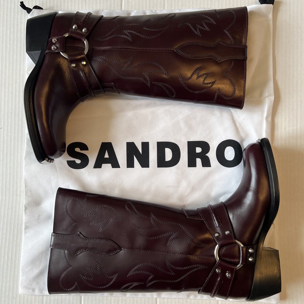 Sandro Sz 7 Burgundy Embroidered Leather Cowboy Boots NWB - Picture 3 of 15